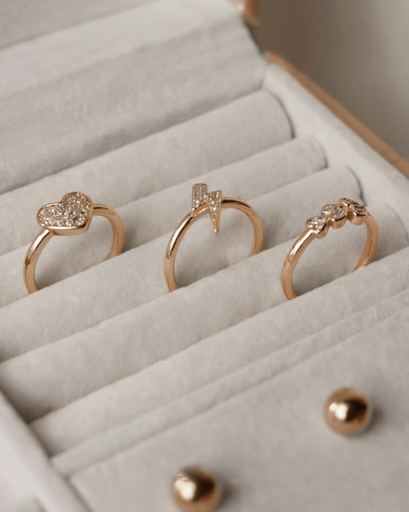 Gold rings displayed in a jewelry box